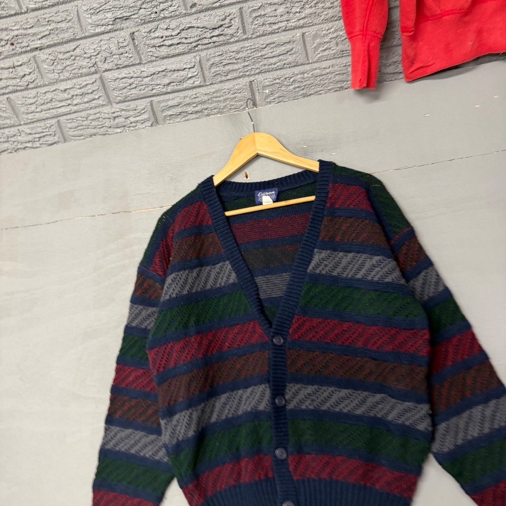 Vintage Edison Knitwear Mens Striped Cardigan Sweater Navy Green Burgundy Medium